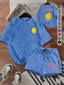 Two-Piece Set Women's Lemon Print Short Sleeve Tee & Shorts, Casual Round Neck T-shirt & Shorts, Summer Clothes for Daily Wear, Suits