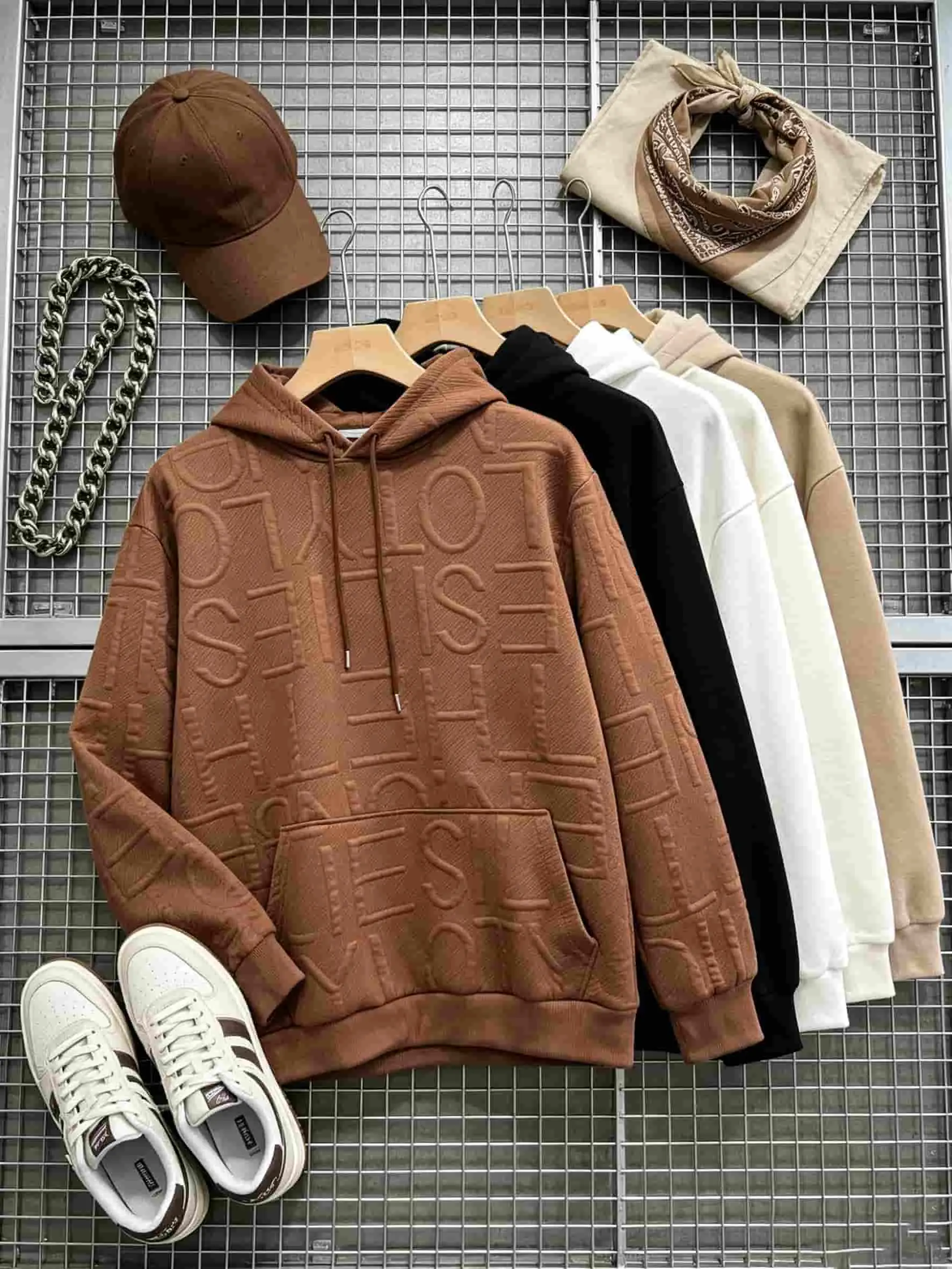 Men's Oversized Casual Hooded Sweatshirt, Ins Style Loose Fit Pullover, Creative 3D Embossed Letter Print, Contrast Color Design, Kangaroo Pocket for Convenience, Adjustable Drawstring Hood, Ribbed Hem & Cuffs for Comfort, Versatile Streetwear for Men
