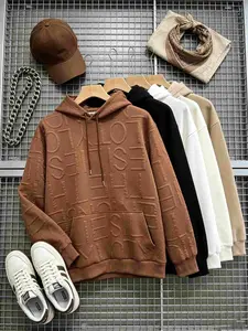 Men's Oversized Casual Hooded Sweatshirt, Ins Style Loose Fit Pullover, Creative 3D Embossed Letter Print, Contrast Color Design, Kangaroo Pocket for Convenience, Adjustable Drawstring Hood, Ribbed Hem & Cuffs for Comfort, Versatile Streetwear for Men