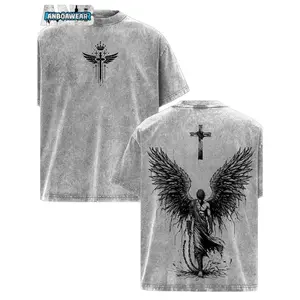 Men's Round Neck Casual Wash T-Shirt, Cotton Angel Wing Cross Print, Machine Washable, Four Seasons Comfort, 100% Cotton, Light and Breathable, Fan Support Clothing, Trendy Anime Cartoon Surrounding