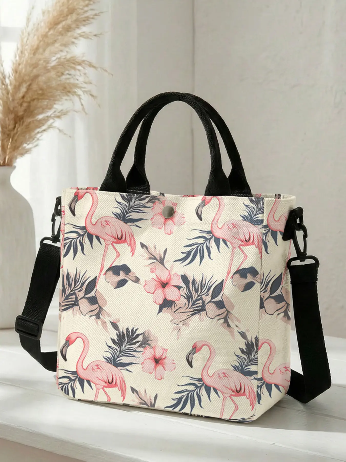 1 piece of 2D printed fashion crossbody bag with flamingo floral pattern, adjustable shoulder strap + snap closure | Students/Office workers/Shopping and going out | A street-ready essential that combines style and practicality