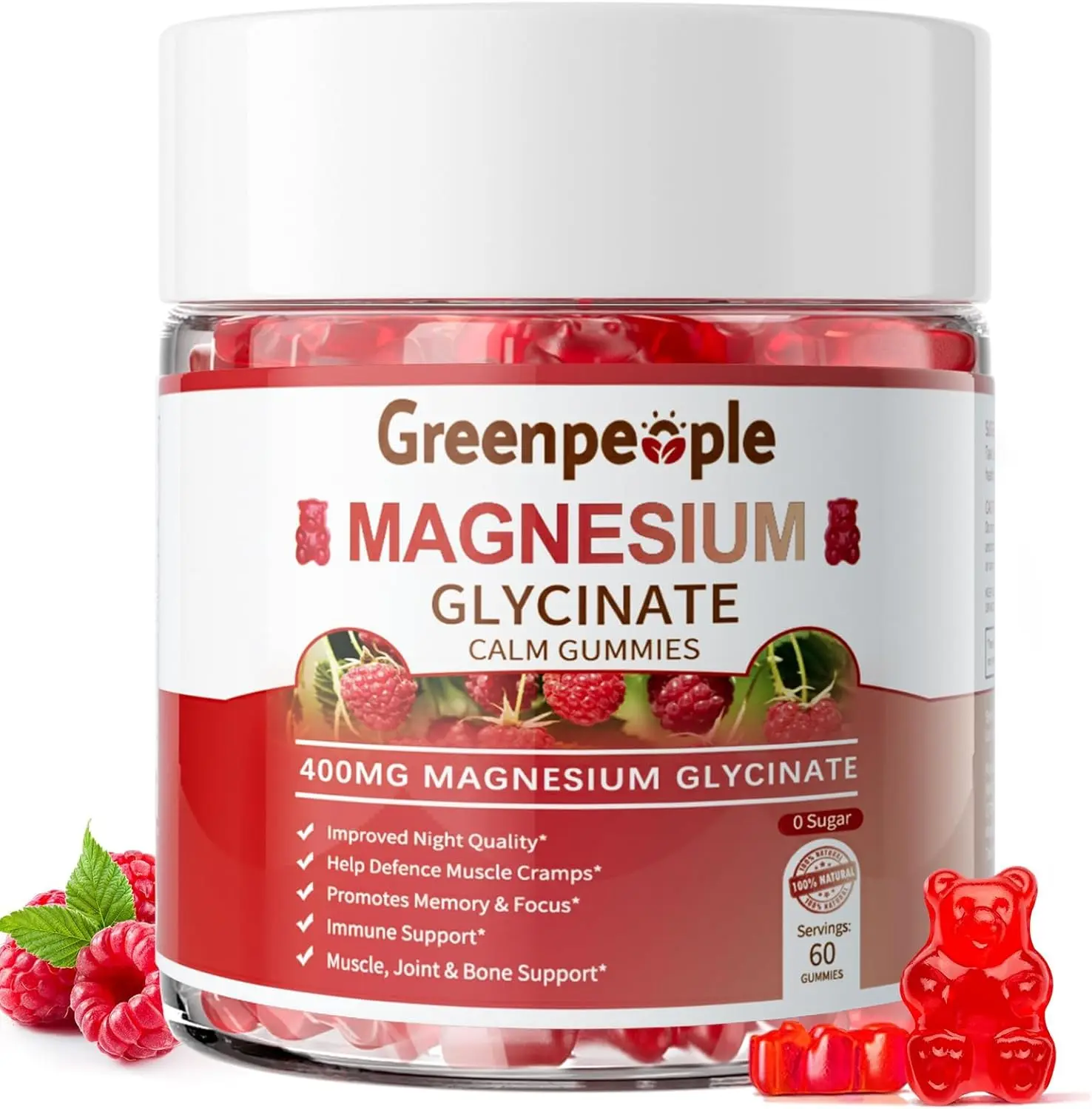 GREENPEOPLE Magnesium Glycinate Gummies 400mg - Sugar Free Magnesium Supplement with Magnesio Citrate, Vitamin D, and B6 for Calm Support & Sleep for Adults - High Absorption - Raspberry Gummies