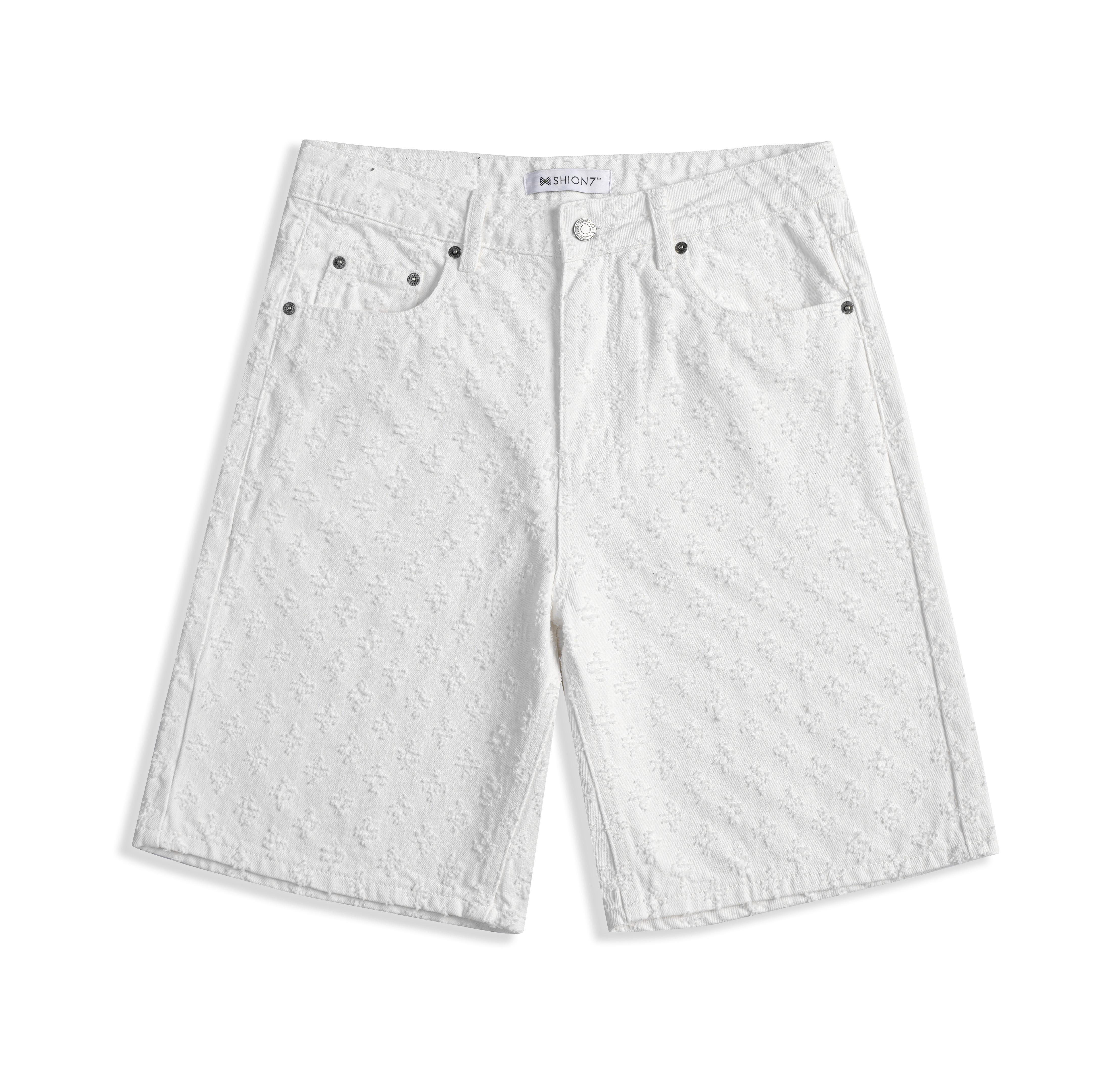 Fashion White Jacquard Denim Shorts Men, Ripped Holes Straight Leg Summer Casual Clean Fit Pants