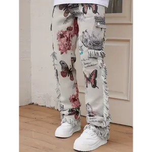 Men's Floral and Butterfly Print Straight-Leg Pants with Frayed Edges  Trendy Loose-Fit, Polyester, Non-Stretch Fabric for Spring/Fall, Cute Pants