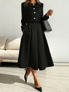 Women's Plain Casual Set, Elegant Fashion Long Sleeves Cropped Fitted Blazer Jacket Pleated A-Line Skirt Design, Perfect for Daily Commuting Style
