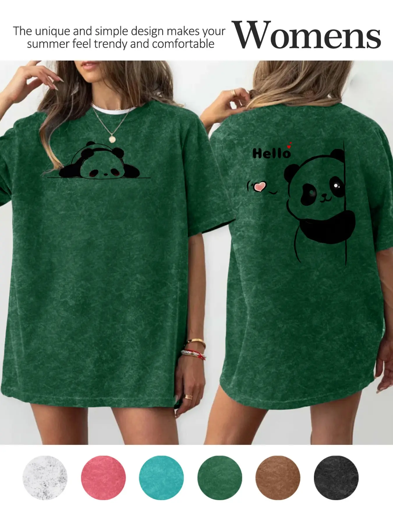 Women's Double-Sided Crew Neck T-Shirt, Front & Back Panda with "Hello" Heart Print, Multiple Colors Available, Machine Washable, Spring & Summer Round Neck Top, Soft Skin-Friendly Fabric, Casual Daily Versatile, Fashion Design