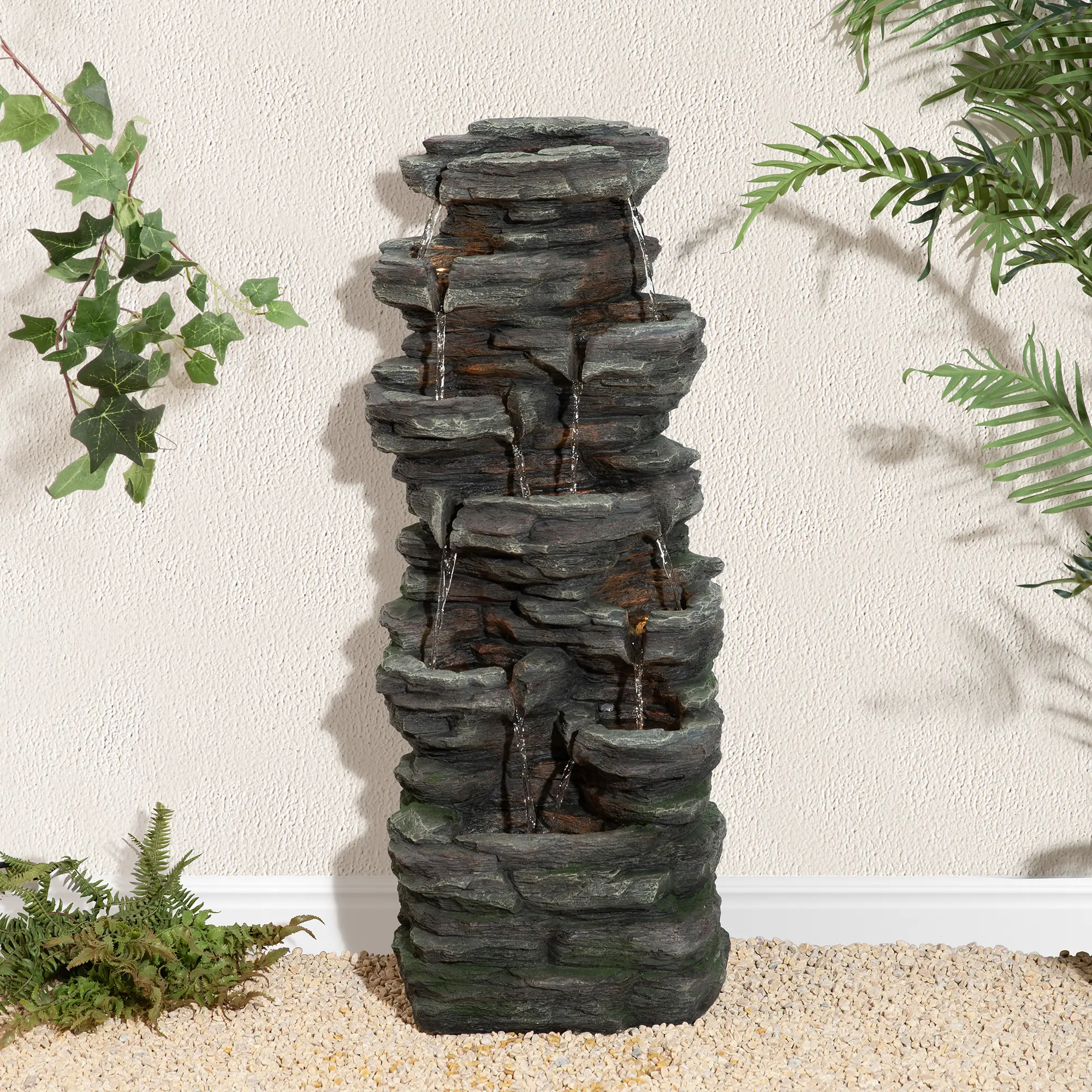Glitzhome 39.25"H 9-Tiered Cascading Rock Polyresin Outdoor Fountain with Pump and LED Light (KD)