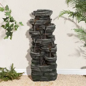 Glitzhome 39.25"H 9-Tiered Cascading Rock Polyresin Outdoor Fountain with Pump and LED Light (KD)