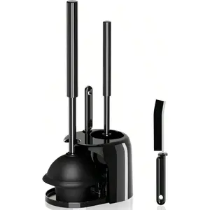 3 In 1 Toilet Brush And Plunger Set With Crevice Cleaning Brush, Toilet Plunger And Brush Set With Extra Long Handle, Plungers For Bathroom Accessories, Toilet Plunger With Holder, Black