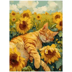 Cute Orange Cat Sunflower Field Oil Painting Diamond Painting 5D DIY Diamond Painting Kit, Diy Kits Full Drill Square Round Diamonds Embroidery Cross Stitch Art Craft Home Wall Decor Art Gift For Living Room Handmade Decorative Painting Set