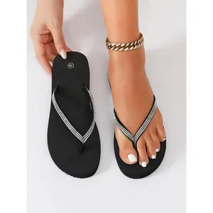 Women's Fashionable Elegant Rhinestone Decorated Minimalist Flip Flops, Simple Plain Slide Sandals, Casual Home Beach Slippers for Summer, Flipflop, Footwear