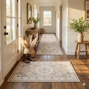 Vintage Medallion Entryway Rug Set (2pcs) - Soft Non-Slip Washable Runner & Door Mat for Hallway, Kitchen, Bedroom