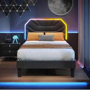 LIKIMIO Bed Frames with Lighted Headboard, Upholstered Modern Cama Platform Bed with Heavy Duty Supports, No Box Spring Need, Noise Free, Easy Assembly