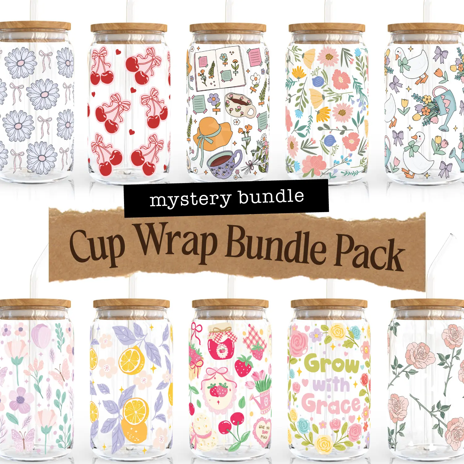 10 Pack Bundle UV DTF Cup Wrap for 16oz Glass Cup | Sticker Bundle for Water Bottle decoration |
