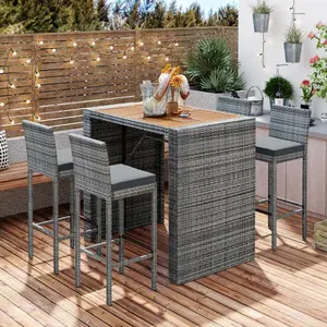 Seizeen 5-Piece Outdoor Wicker Bar Set, Bar Height Chairs with Non-Slip Feet & Fixed Rope, Acacia Wood Tabletop, Removable Cushions, Brown & Gray