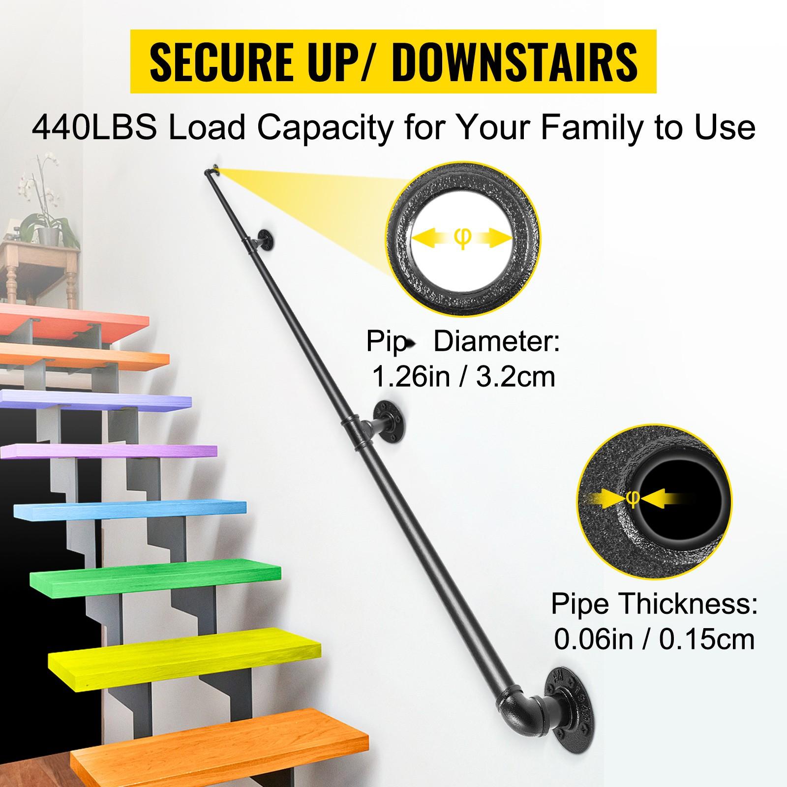 Pipe Stair Handrail, 9 Ft Staircase Handrail, 440 Lbs Load Capacity Carbon Steel Pipe Handrail, Industrial Pipe Handrail With Wall Mount Support, Round Corner Wall Rails For Indoor And Outdoor Use