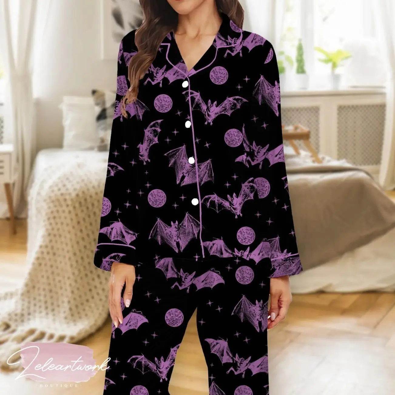 Halloween Bats Pajama Set – Spooky Gothic Sleepwear with Purple Bat & Moon Print, Cozy Button-Up Shorts for Women
