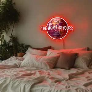 The World Neon Sign LED Light Earth Neon Lights Motivational Wall Decor Aesthetic Room Decor for Bedroom Home Office Manifestation  Positive Vibes Night Light Gift Cool Red Modern Art Living Room Glow Up
