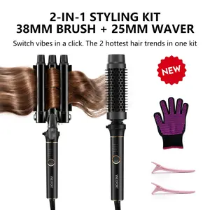 Curling iron,curling,hair,curling iron,curling irons,hair curler,2-in-1 Curling Iron & Blowout Brush Kit 3-Barrel Hair Waver & Curling Wand Hair Styling Set for Bombshell Curls VNEXPORT SD-691#SummerWins #DealsForYouDays Hairstyle Ideas Wavy Hair Routine