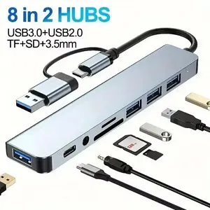 3.0 High-Speed USB C Hub USB Splitter 8-In-2 USB Expander, Featuring 4 USB Ports, 1 USBC TF/SD Card Reader, And 3.5Mm Audio Output, Compatible with Macbook Pro/Ipad Pro/Hp Laptops, Usb Port Gadget