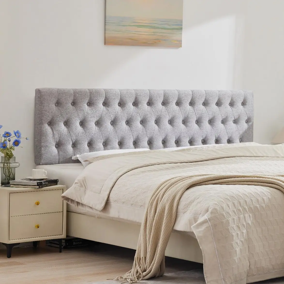 Tbfit King Size Luxury Modern Designer Upholstered Headboard - Diamond Tufted Linen Fabric Headboard Only, Adjustable Height, Solid Wood Legs (Adjustable Leg Headboards), Designer Upholstered Headboards, DealsforYouDays