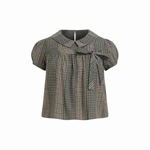 Cider Women's Oversized Blouse, Peter Pan Collar, Check Pattern, Bowknot Detail, Curve & Plus Sizes