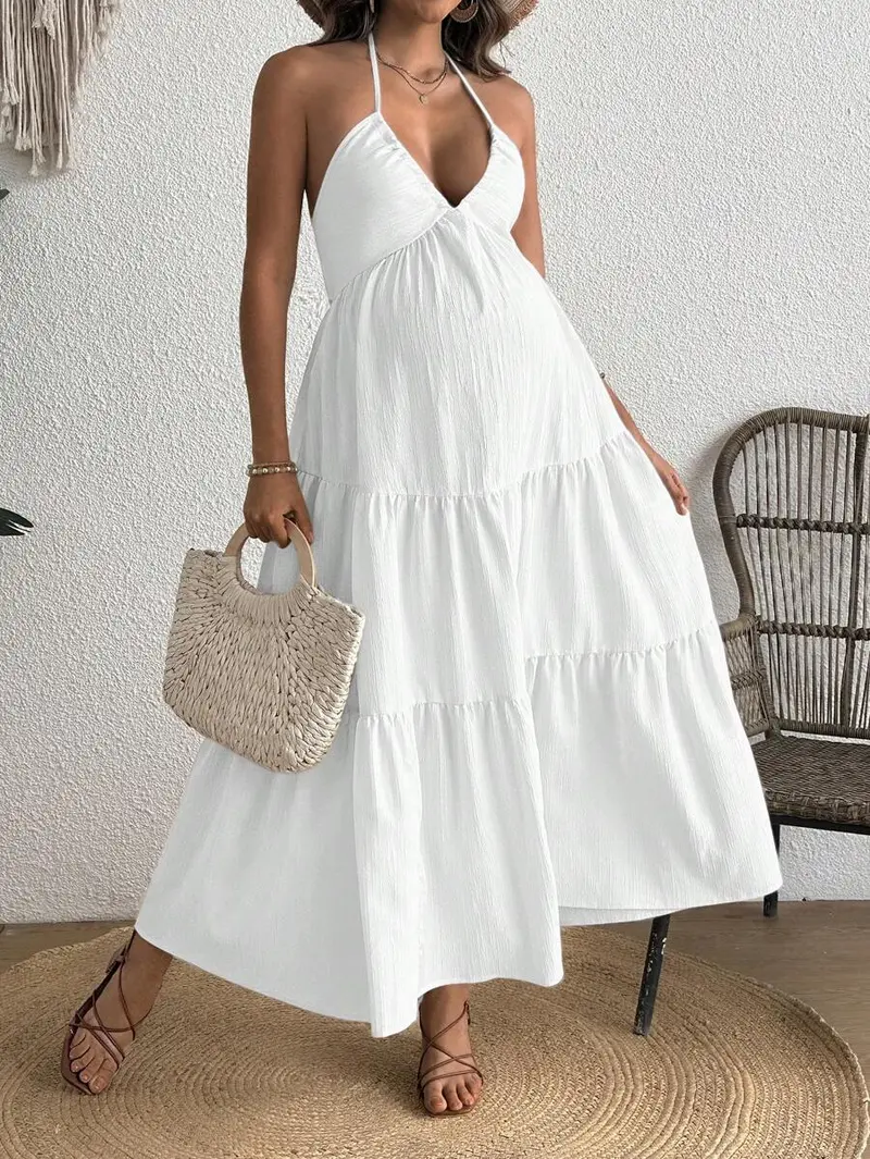navy blue dress for baby girl Momyknows White Floral Cut Out Off Shoulder Backless Cami Big Swing Elegant  Vacation Maternity Hobo Photoshoot Baby Shower Maxi Dress main image 0
