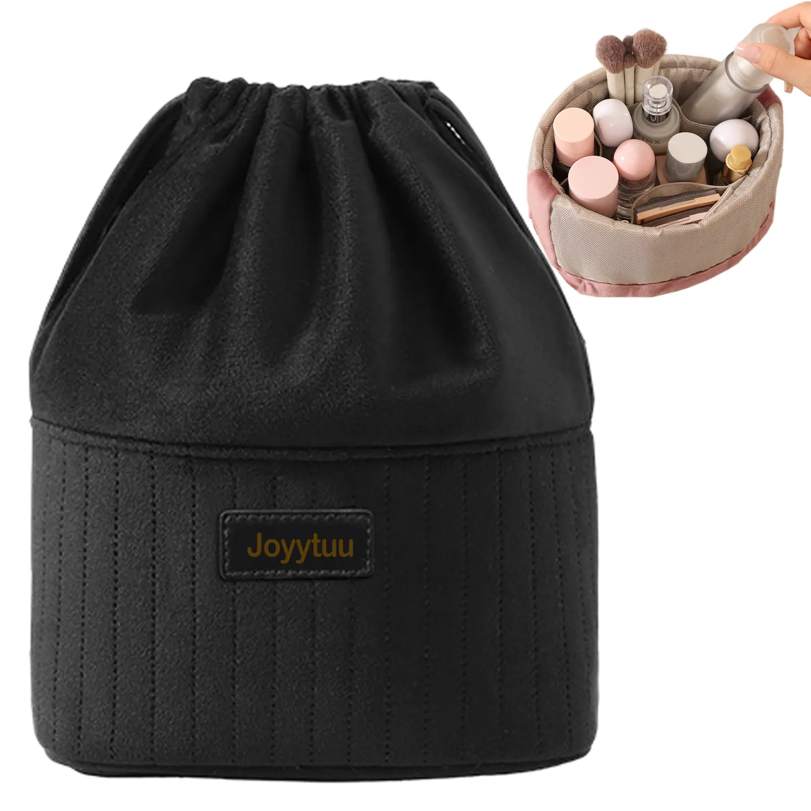 Women's Chic Velvet Drawstring Cosmetic Bag - Round Bottom, Built-in Organizer, Machine Washable, Travel Daily Beauty On The Go Toiletry Pouch, Black