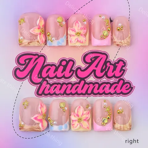 Delicatething Y2K Handmade Press-On Artificial Nails, Square Duckbill Shape, Flower Design, 4 Sizes (XS/S/M/L), with Jelly Glue & Crystal Stick, Gift for Girls