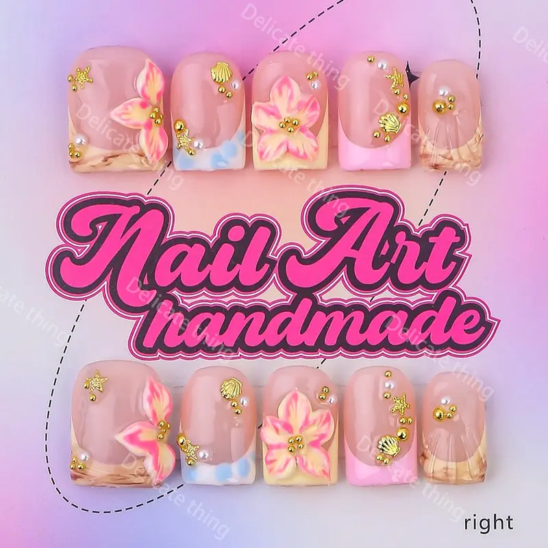 Delicatething Y2K Handmade Press-On Artificial Nails, Square Duckbill Shape, Flower Design, 4 Sizes (XS/S/M/L), with Jelly Glue & Crystal Stick, Gift for Girls