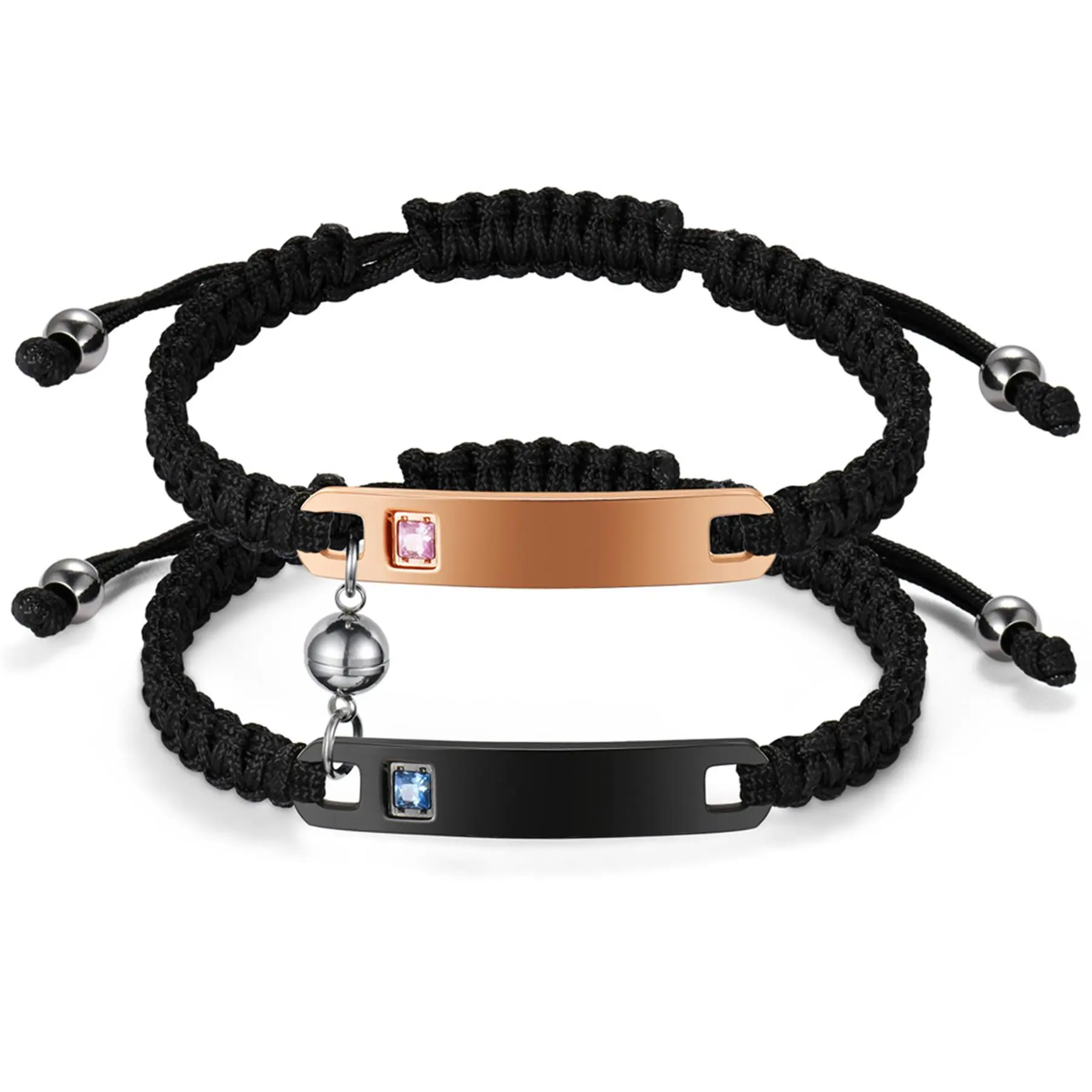 OIDEA Engravable Stainless Steel Couple Bracelets Set - Unisex Custom Engraved Plate (Names,Dates,Initials), Luxe Cubic Zirconia Magnetic Closure, Adjustable Rope Band, 6.3"-11.02" Custom Gift for Couples, Customized Gifts, Matching Pair, Dimensions, 6.3"