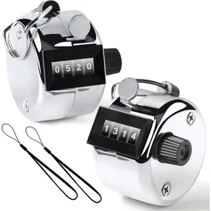 2PCS Premium One Hand Counter Clicker, Silver Metal Clicker Counter, Manual Mechanical People Counter Clicker with Nylon Lanyard, 4-Digit Number Count Tally Counter Clicker for Golf, Lap & Row Etc.