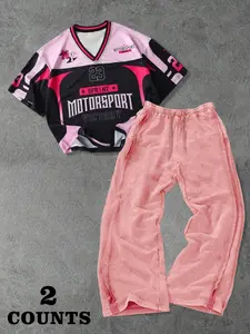 Men's Street Style Short Sleeve Racing Shirt, Washed Cotton Sportswear Set, Vintage Comfort Design, Casual Daily & Outdoor Wear