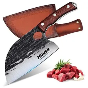 Huusk Knives Serbian Chef Knife with Sheath - Japanese Meat Cleaver for Meat Cutting, Hand Forged Butcher Knife with Wood Handle, Full Tang Chopping Cleaver for Kitchen Outdoor BBQ Camping, Gift for Men Dad