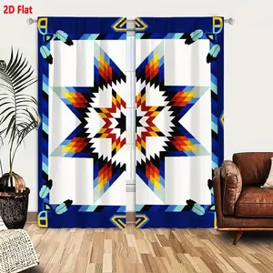 2D Flat 2-Pack Southwestern Geometric Starburst Curtains, Blue Background with Red Yellow Black White Symmetrical Patterns, Native American Inspired Quilt-Like Window Drapes, Home Decor for Living Room Bedroom