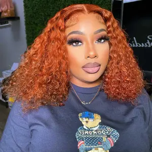Curly BOB Wig Human Hair 200 Density 5x5  Lace Closure Deep Wave Wigs for Black Women Glueless Wear and Go Pre Plucked Deep Wave Wet and Wavy Glueless Wigs Human Hair Ginger 14 Inch