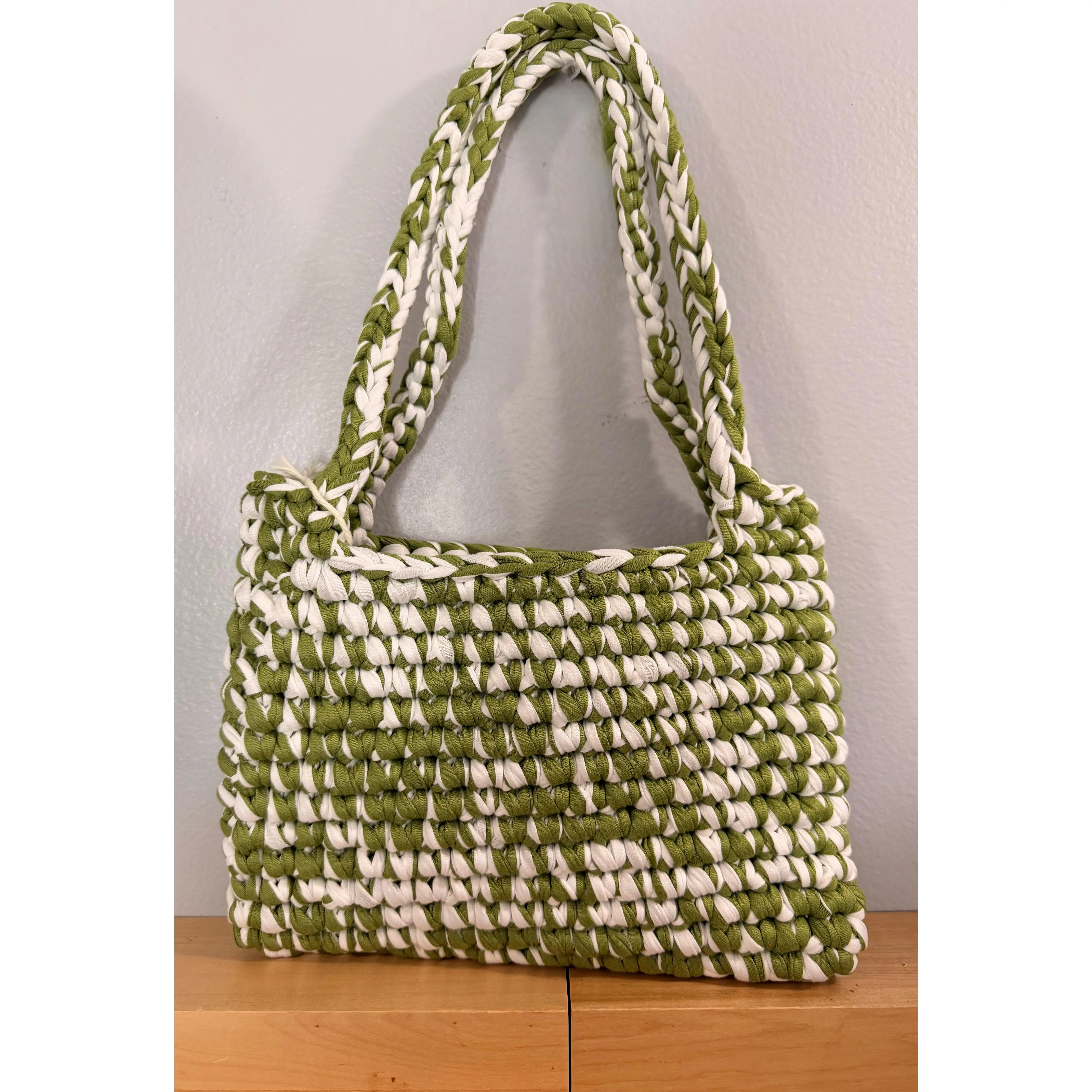 Women's Minimalist Olive & White Braided Strap Shoulder Purse, Casual Wear Purse Shoulder Bag, Crossbody Bags, Lightweight, Chic, Shoulder Bags, Braided Handle