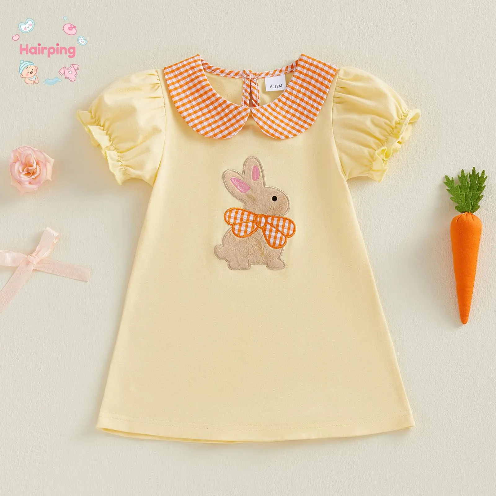 Toddler Girl Easter Bunny Dress, Yellow Short Puff Sleeve Gingham Collar Embroidered Dress, Cute Spring Casual Party Dress for 1-5 Years
