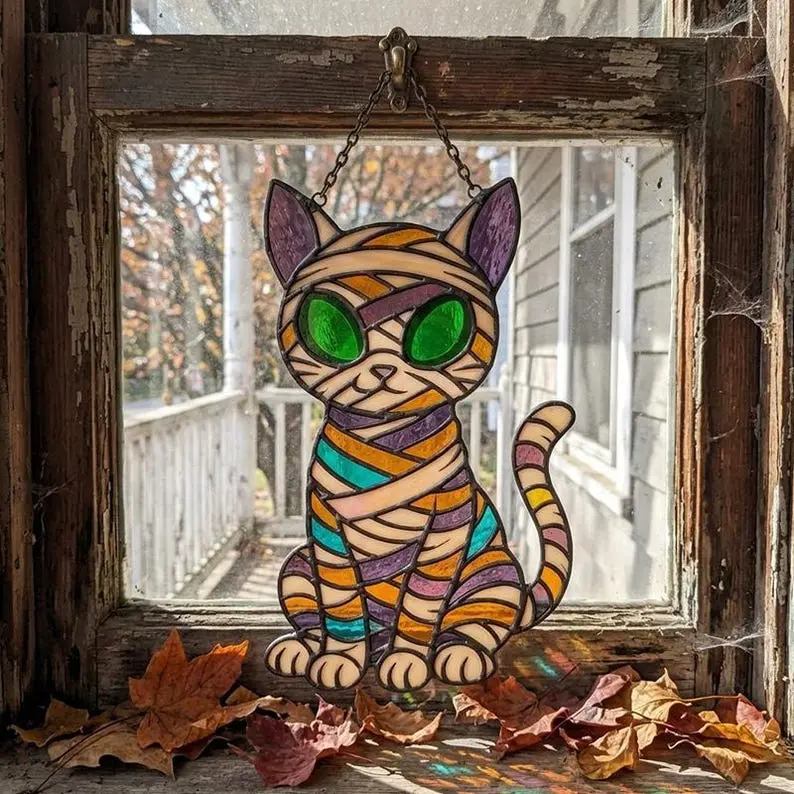 Handmade Mummy Cat Suncatcher, Halloween Stained Glass Art, Spooky Gothic Cat Decor