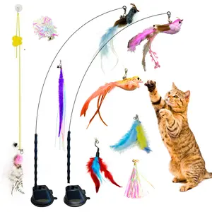 Catch-A-Bird Suction Cup Cat Toy, 2 in 1 Interactive Bird Simulation Cat Toy - 2 Strong Suction Cups, 9 Cat Feather Toys, 2 Durable Cat Wands, 1 Hanging Cat Toy - Interactive Cats Toys for Indoor Cats