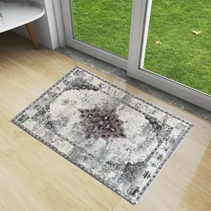 Soft Boho Distressed Area Rug,Faux Fur Door Mat Silky Imitation Sheepskin Non-Shedding Stain Resistant Bedroom Floor Sofa Living Room Carpet 2'x3' Grey/Ivory