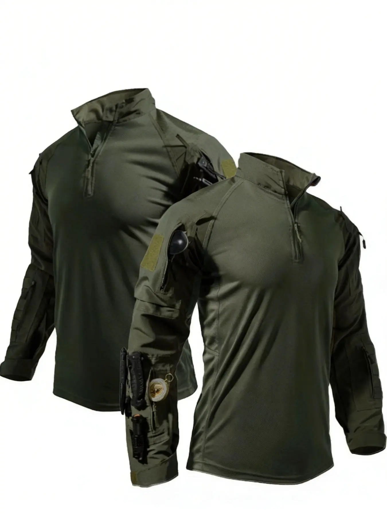 Men's outdoor tactical long-sleeved T-shirt, multi-pocket zip-up stand-collar, Quick-drying breathable, suitable for everyday wear, running, cycling training, fishing and outdoor activities, Outdoor Sportswear, Athletic Apparel, Athletic Clothes