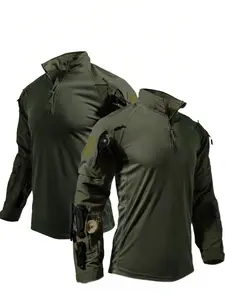 Men's single-piece outdoor tactical long-sleeved T-shirt, multi-pocket zip-up stand-collar top. Quick-drying and breathable, suitable for everyday wear, running, cycling training, fishing and outdoor activities, Outdoor Sportswear, Gym Shirts