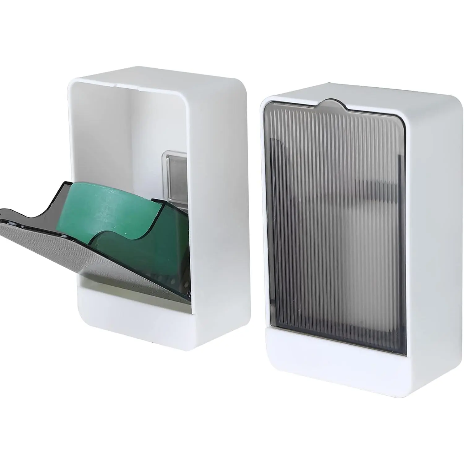 Bar Soap Holder Dish Shower 2 PCS Self Draining Soap Container with Lid, Wall Mounted Soap Box Tray for Bathroom Bathtub Sink, Waterproof White, Adhesive Include (White)