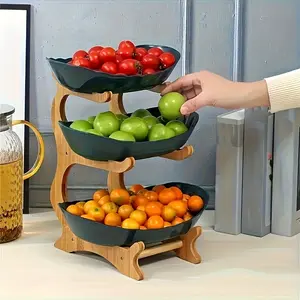 Three-Tier Oval Fruit Basket with Wooden Base, Durable PP Kitchen Storage Rack, Modern Elegant Party Gift Design, Fashionable Storage Solution