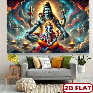 2D flat banner, vibrant Hindu deity polyester background banner - Golden and blue goddess holding trident and lotus, suitable for photography, indoor and outdoor decoration, parties and live events, easy to hang, event background - Hindu wall art