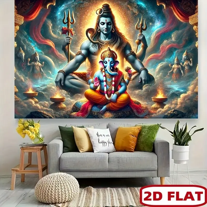 Retro Vintage Hindu Deity Polyester Print Tapestry Wall Art - 2D Flat Decorative Banner, Vibrant Golden & Blue Goddess with Trident & Lotus, Easy-Hanging Classic Glam Home Decor Gift for Girls, Indoor-Outdoor Family Use