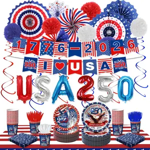 187PCS 4th of July Decorations 250th Anniversary Patriotic Party Supplies American Flag Tableware Set Plates Napkins Cups Knives Forks Spoon Red White Blue Decor for Memorial Independence Day Serves 20