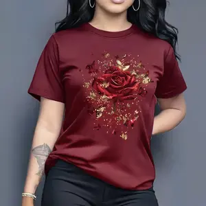 100% Cotton Women's Casual Short Sleeve Round Neck T-Shirt - Vibrant Purple Butterfly and Rose Pattern Print, Medium Stretch Machine Washable Top, Spring Summer Women's T-Shirt, Comfortable Fit Shirt