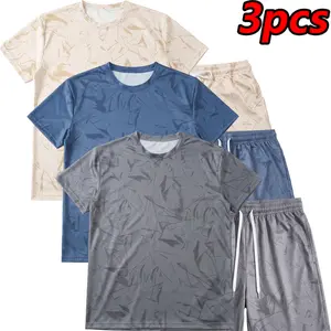 Men’s 3-piece neutral-tone quick-dry abstract print T-shirt and shorts set — a casual summer essential set suitable for the gym, beach, and everyday wear